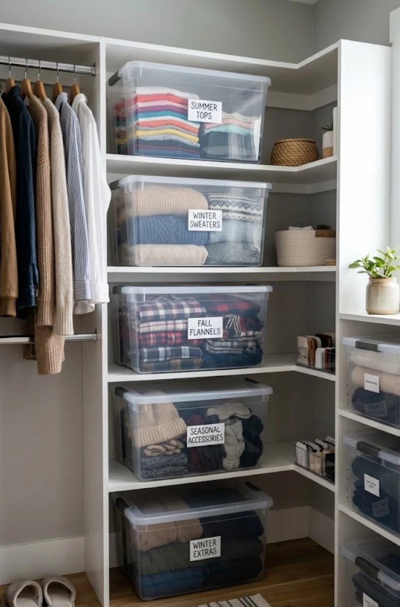 Clothes Storage Ideas with clear storage bins for seasonal clothes stacked neatly on closet shelves
