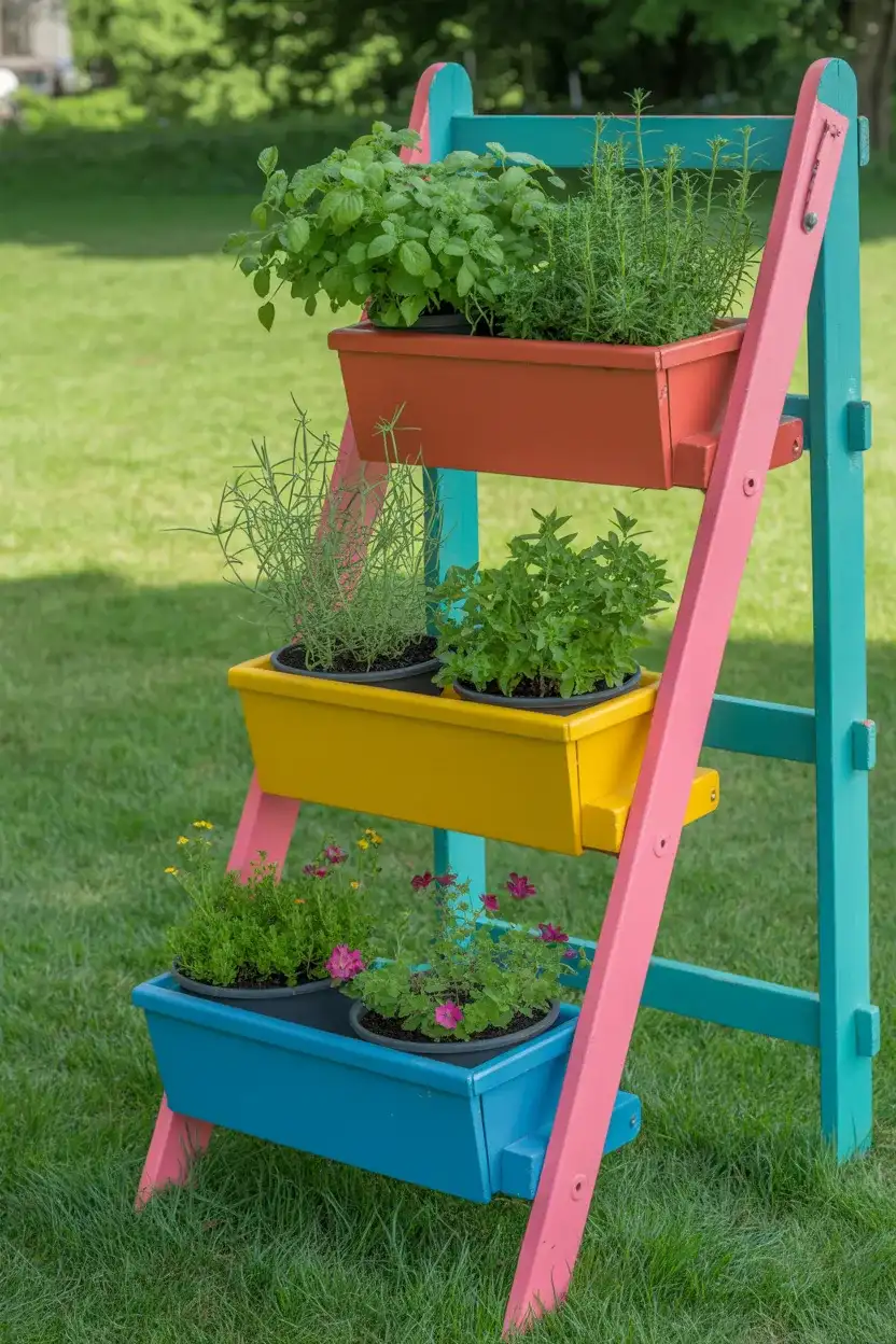 Colorful painted ladder showcasing vibrant Ladder Herb Garden Ideas in a lively garden