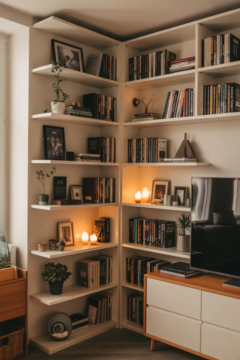 Corner bookshelf styling with books and decor representing Empty Corner Decoration Ideas for storage and style