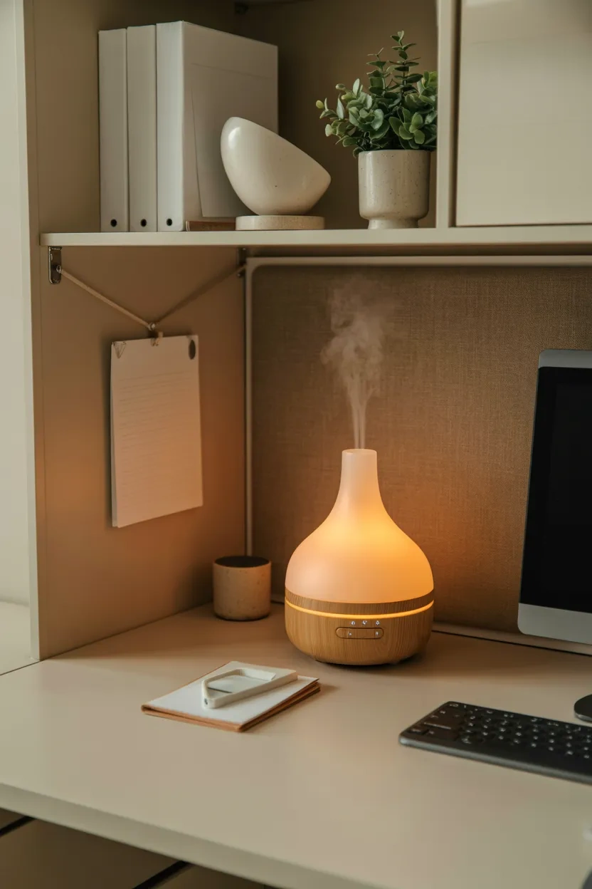 Cozy Cubicle Inspiration Ideas with a subtle scent setup using diffuser to create a calming and refreshing workspace