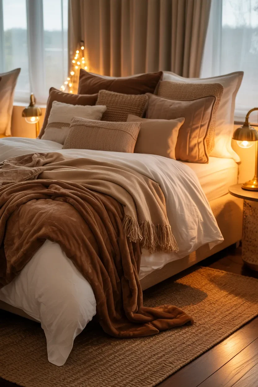 Cozy textures in Brown Bedroom Ideas with layered blankets and warm brown tones