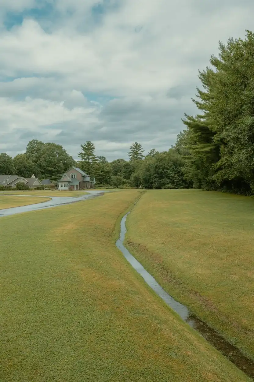 Drainage swale supporting drainage around house by directing runoff across the yard
