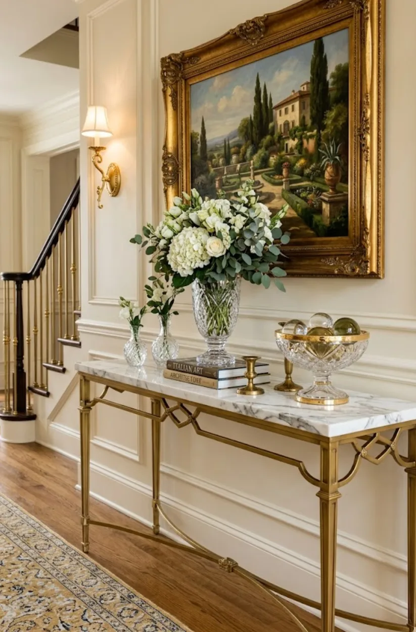 Glamorous console table hallway ideas with marble and gold accents for a luxurious entrance.