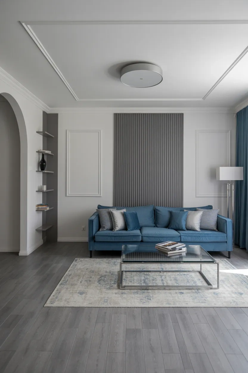 Gray flooring paired with blue accents in a calming modern living room Gray Floor Ideas with blue color combinations