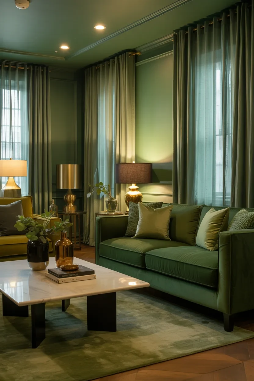 Green Living Room Ideas designed to match different moods using various green shades