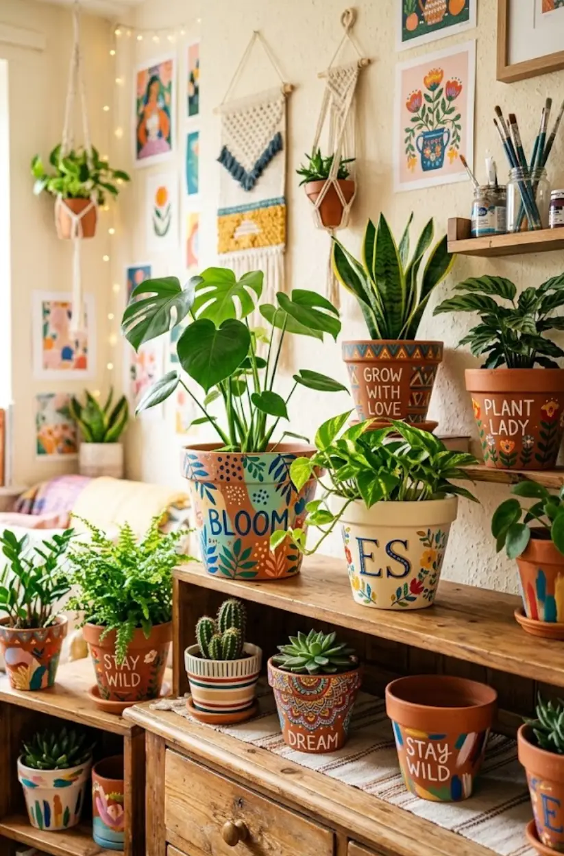 Houseplant pot ideas featuring customizable hand-painted plant pots with unique designs and personal touches in an artistic room.