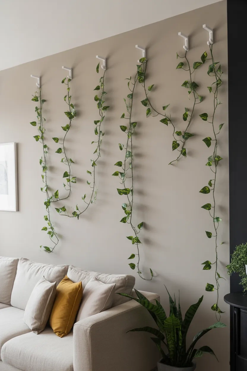 Pothos Growing Ideas showing pothos vines arranged on wall hooks to create a living wall design