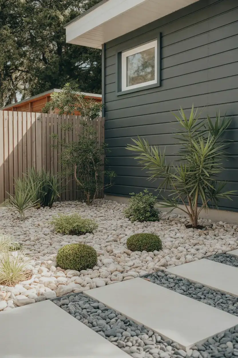 River Rock Landscaping as a low maintenance mulch alternative in front garden