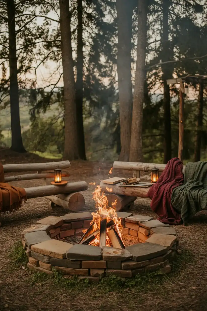 Rustic outdoor fire pit ideas with natural stone and wooden seating in a cozy backyard setting