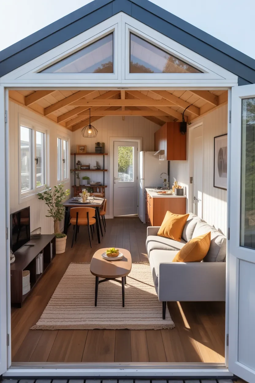 Shed House Interior Ideas open concept 16x40 shed house living room kitchen and dining zones