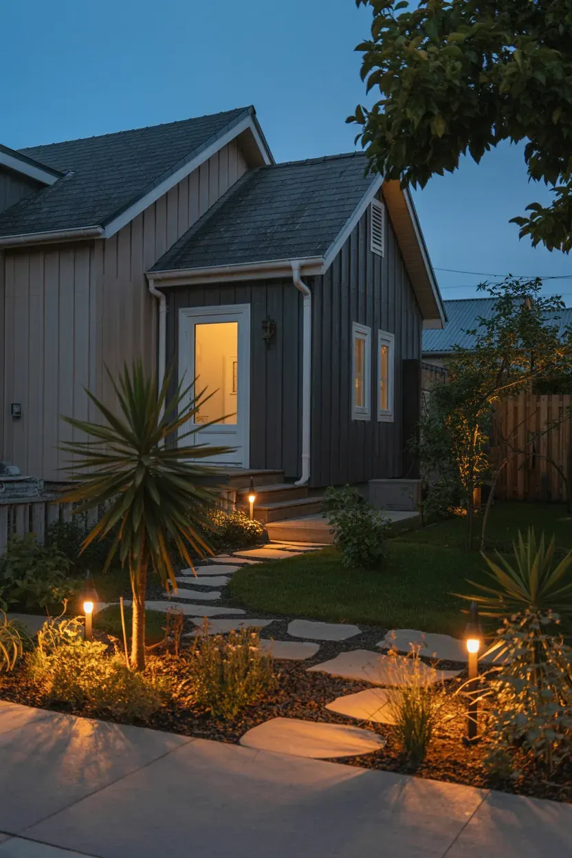 Small Front Yard Landscaping Ideas with outdoor lighting for a warm modern look