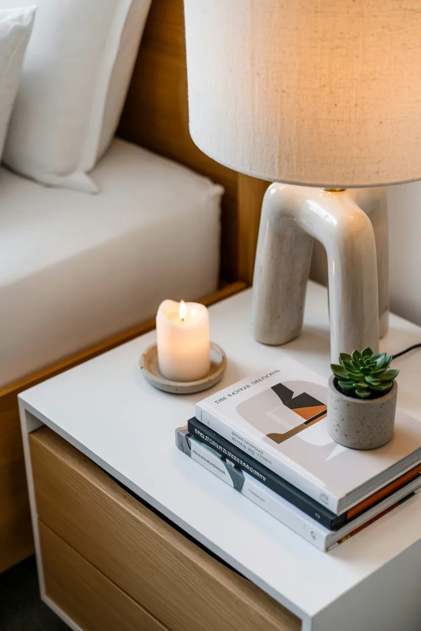 Styled nightstand setup showing easy bedroom decor ideas with simple decorative elements