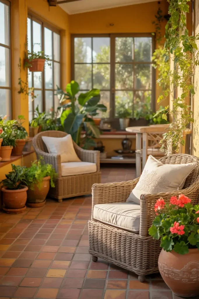 Sunroom Tile Floor Ideas with terracotta tile for an earthy warm and timeless sunroom style