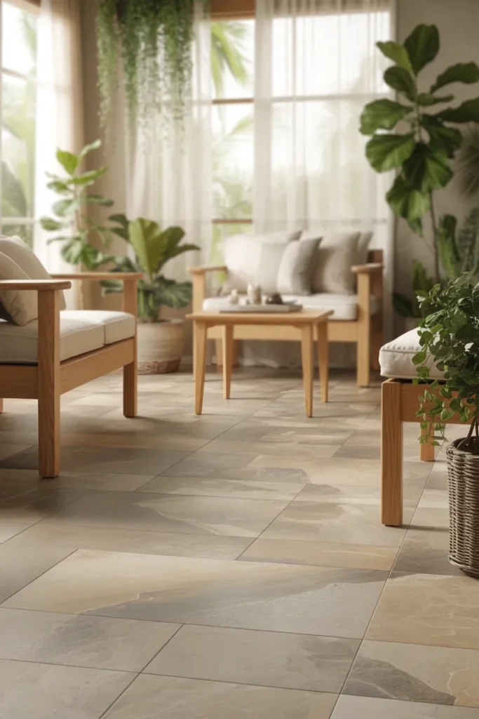 Sunroom Tile Floor Ideas with stone look tile for a calm natural and spa inspired space
