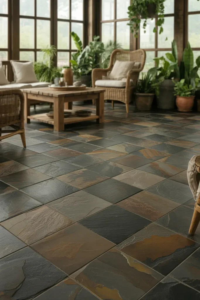 Sunroom Tile Floor Ideas with natural slate tile for a textured durable and earthy floor