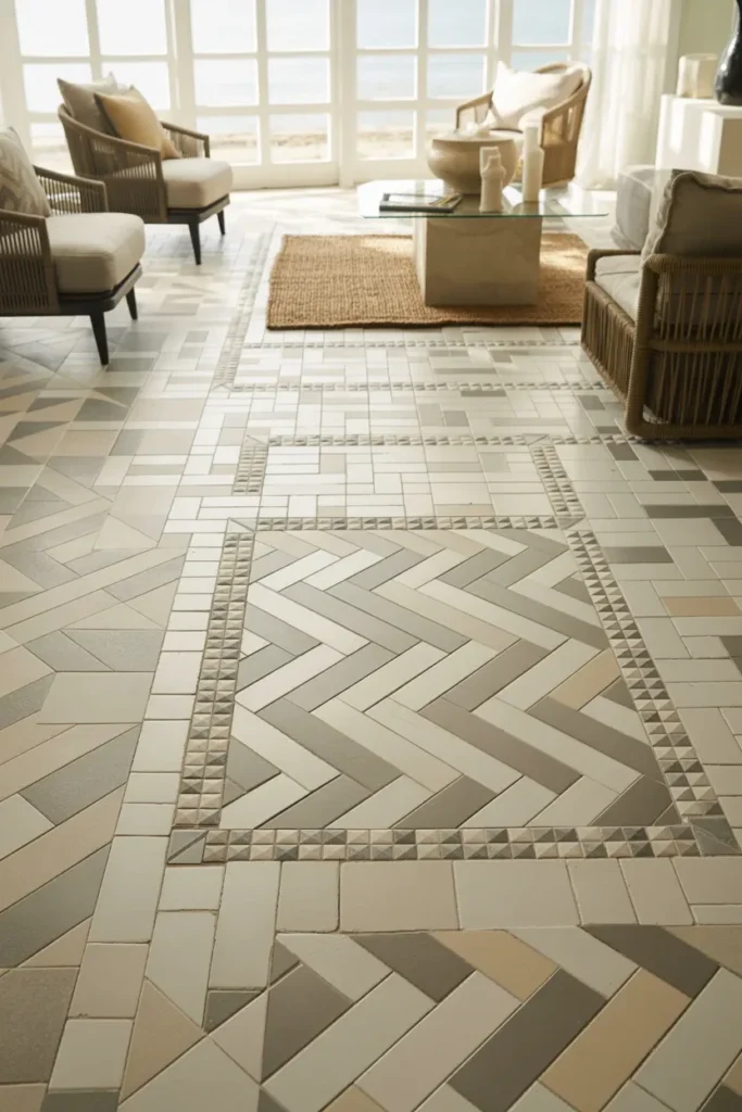 Sunroom Tile Floor Ideas with mixed tile layouts for a custom stylish and durable sunroom floor