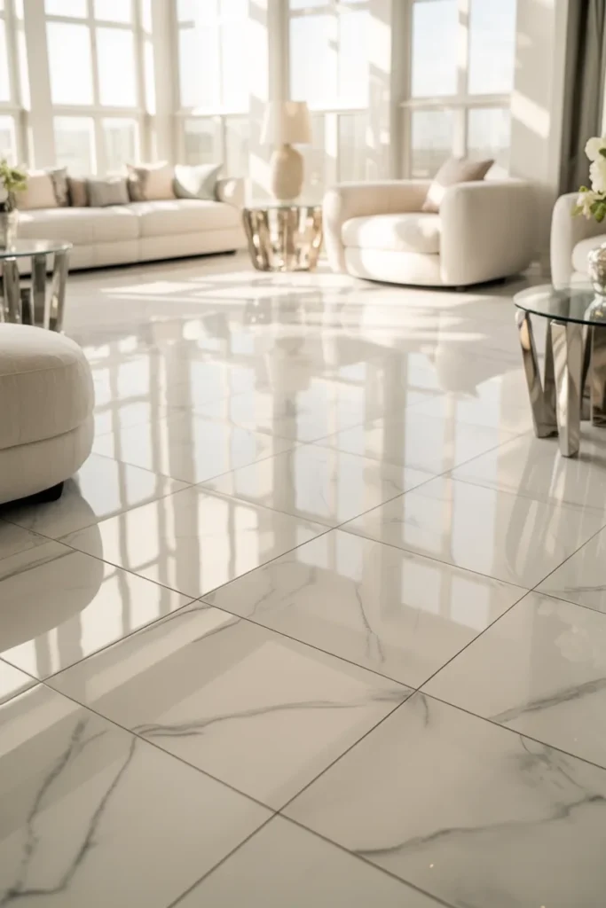 Sunroom Tile Floor Ideas featuring marble look porcelain tile for an elegant and low maintenance floor