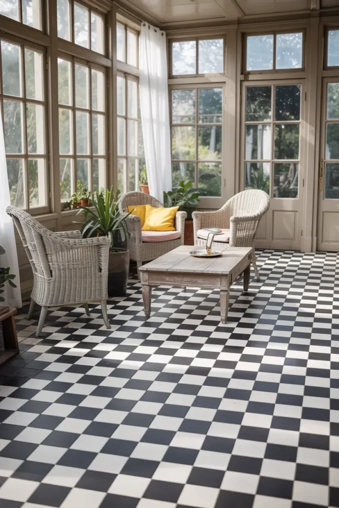 Sunroom Tile Floor Ideas using checkerboard tile for a classic playful and timeless sunroom floor
