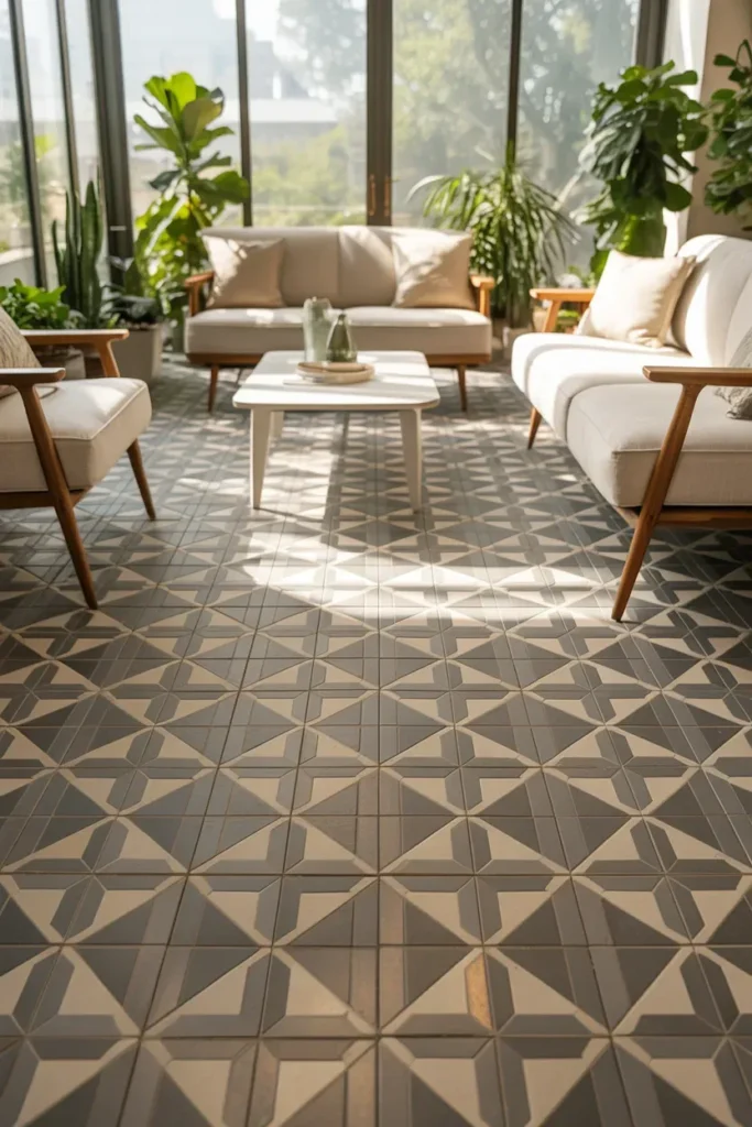 Sunroom Tile Floor Ideas using patterned cement look tile for a bold and stylish floor design