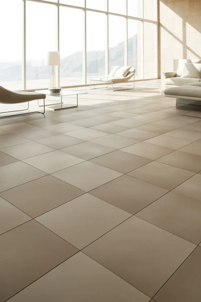 Sunroom Tile Floor Ideas featuring large format neutral tile for a clean modern and spacious look