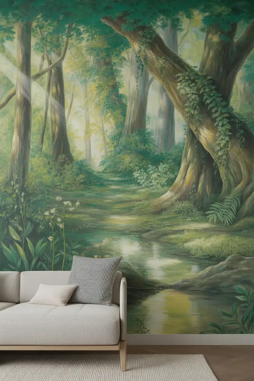 Tall wall decor ideas with a nature-inspired mural adding visual interest to a massive blank wall.