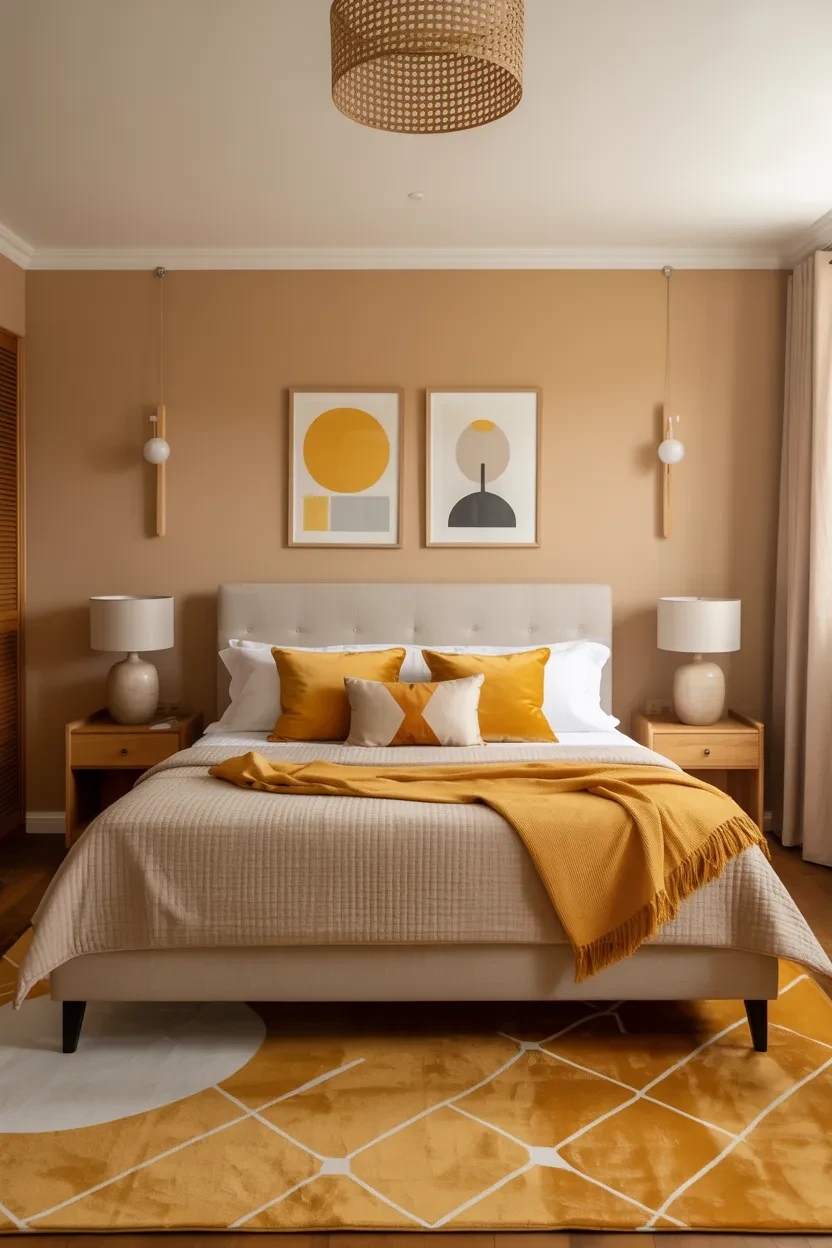 Tan bedroom ideas with mustard yellow accents creating a bold and playful contrast
