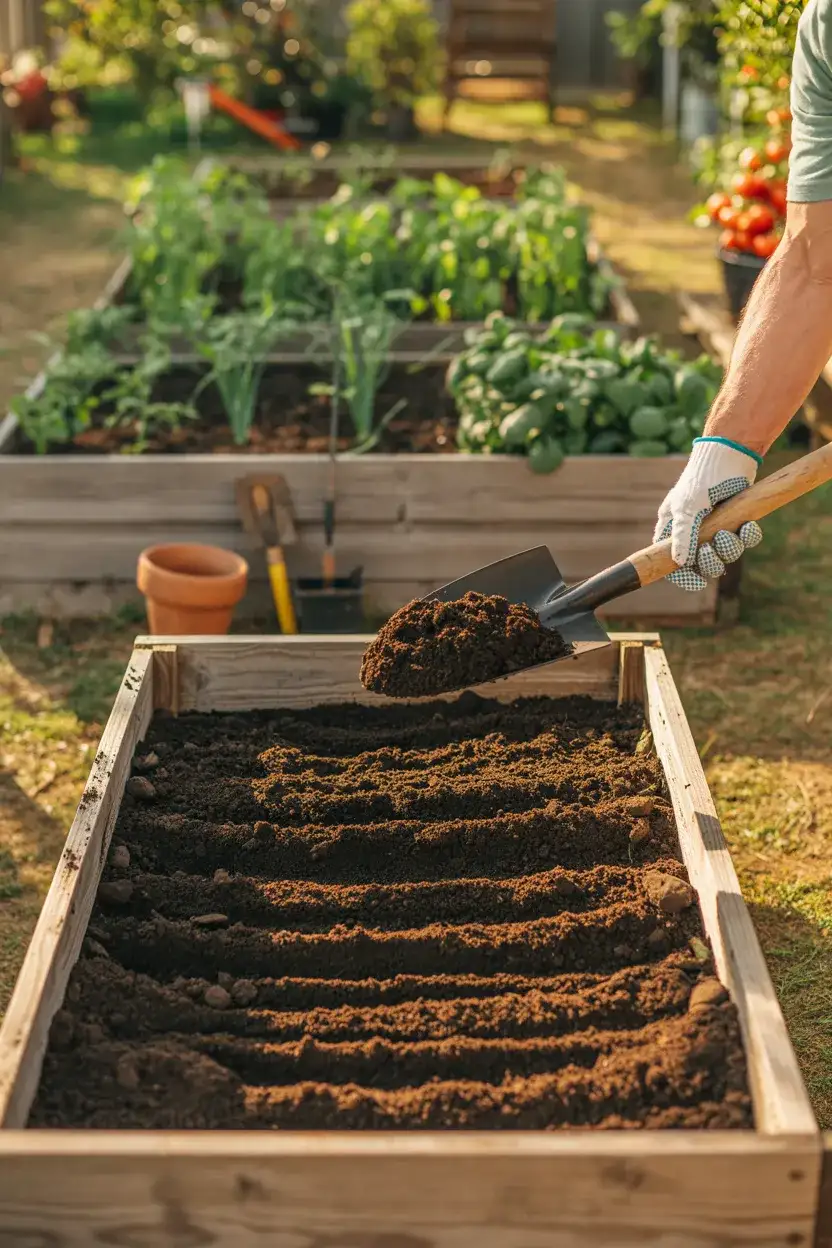 Topsoil added to a raised garden bed for healthy vegetables and strong roots