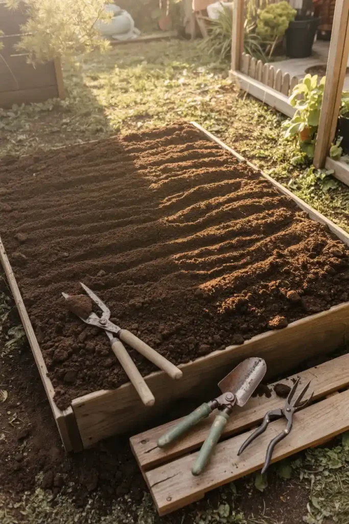 Topsoil in a fresh garden bed ready for planting in a healthy backyard garden