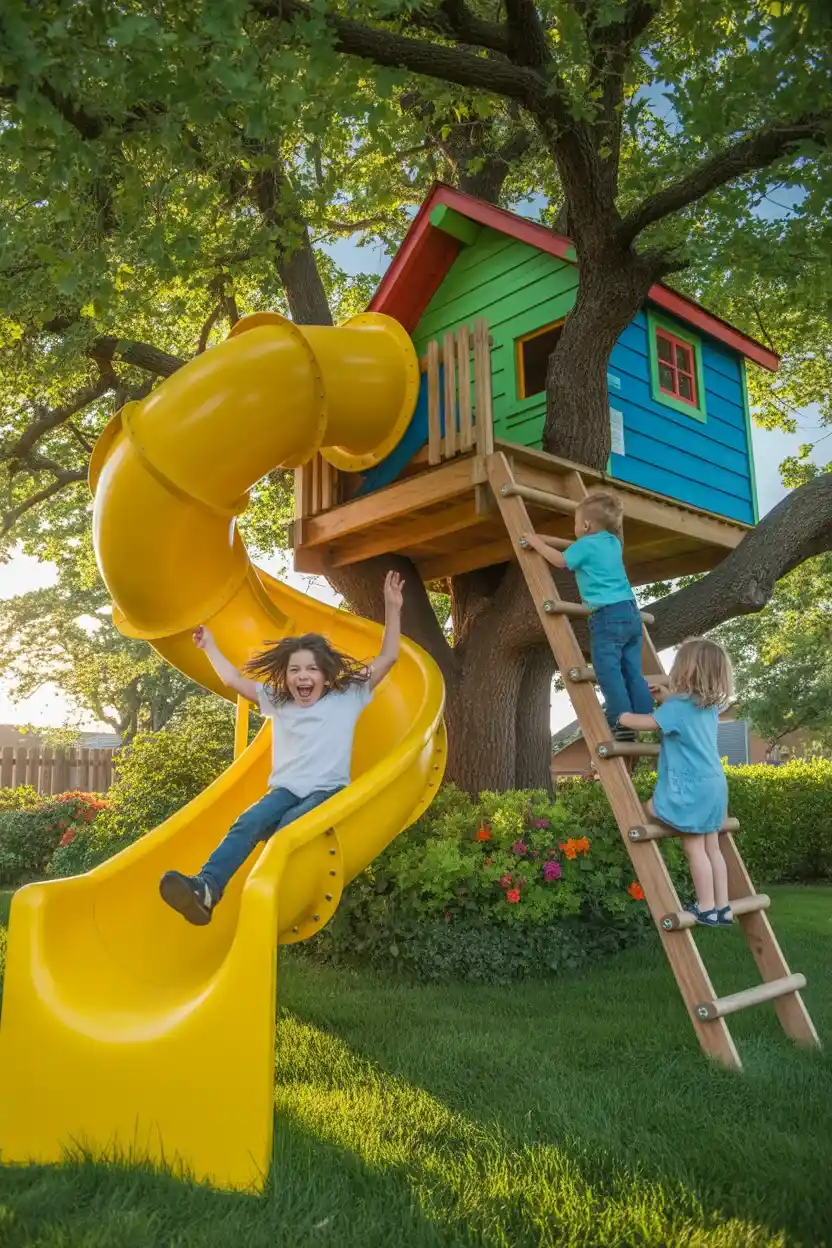 Treehouse ideas for kids with a slide for kids to climb and race down. Fun and exciting treehouse ideas for kids who love thrills.