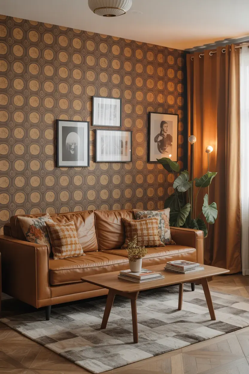 Vintage living room wallpaper ideas with retro 70s patterns and modern furnishings.