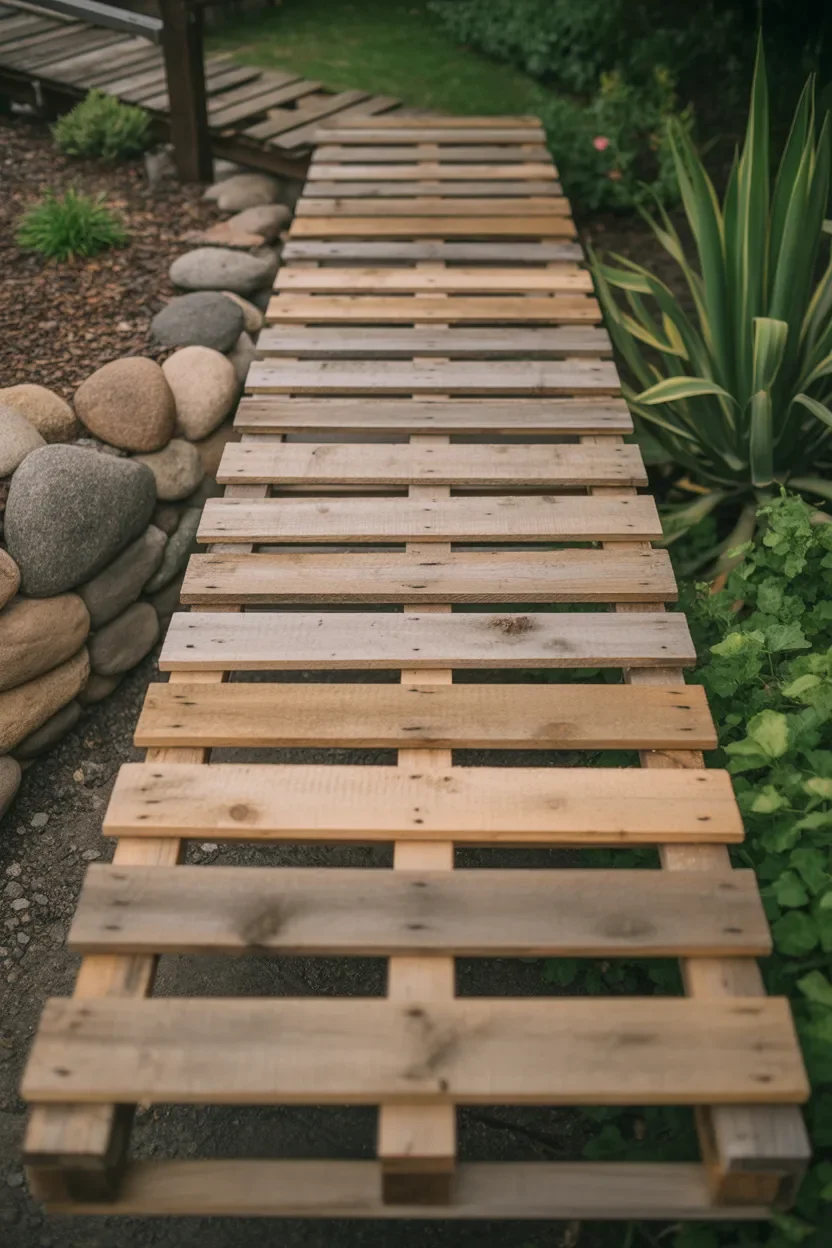 Walkway Ideas with wooden pallet planks forming a creative and low cost rustic garden path