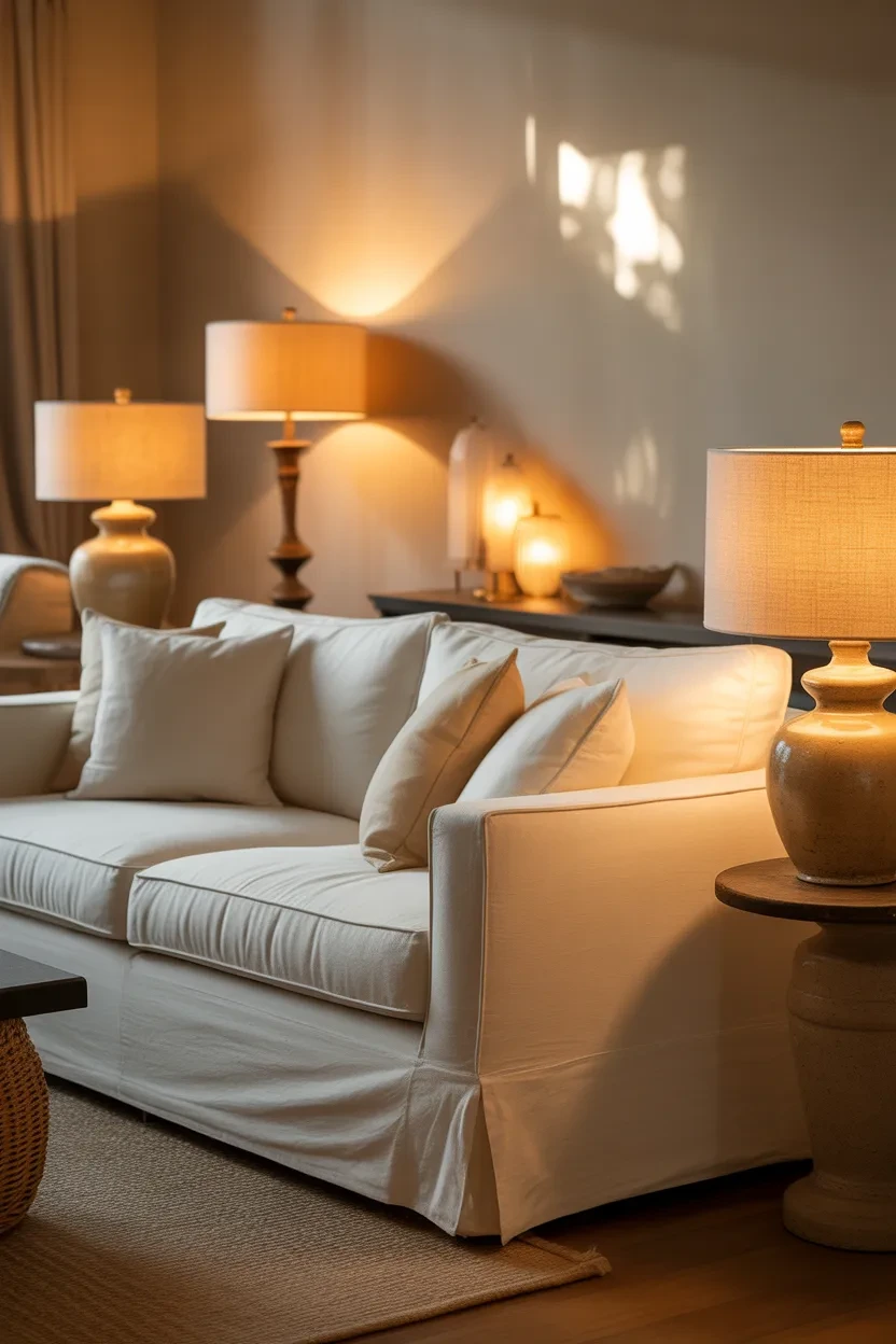 White Sofa Living Room Ideas illuminated by layered soft lighting, including table and floor lamps, creating a warm and inviting living space.