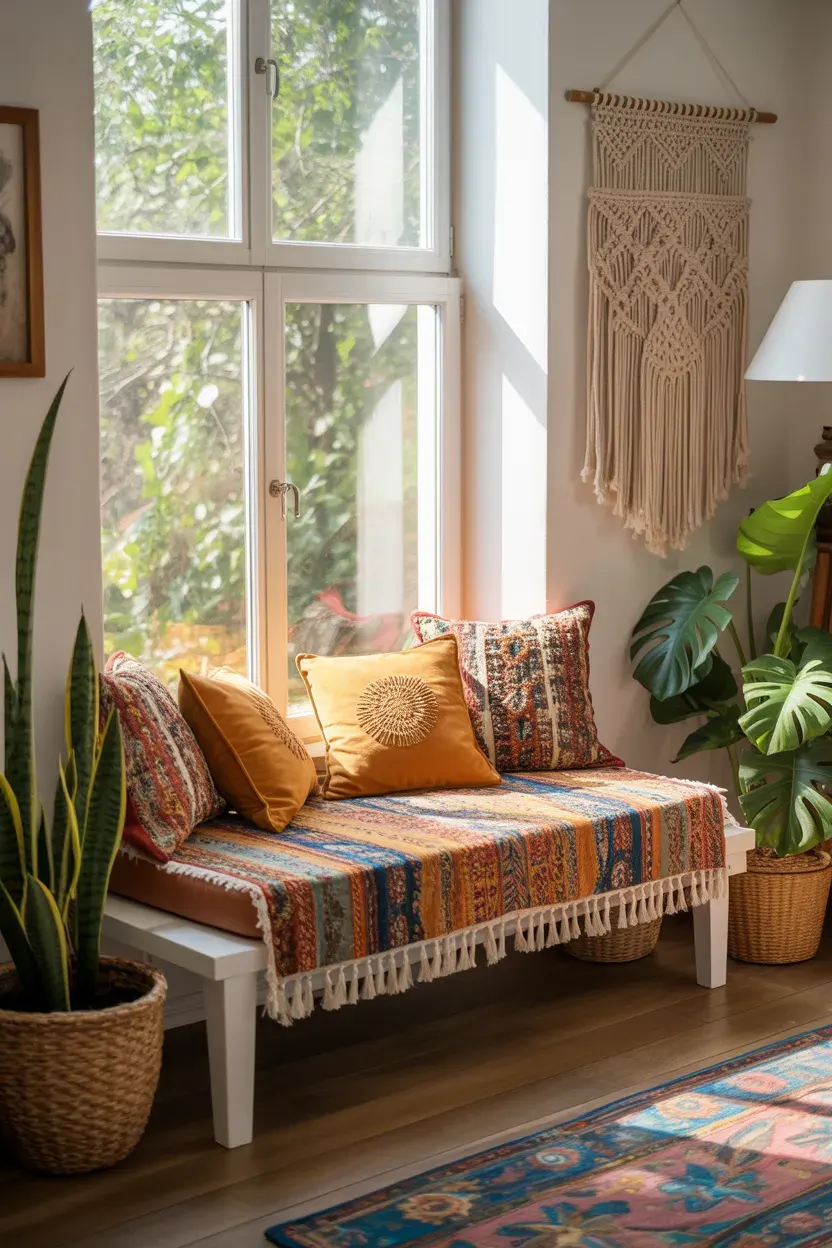 Window Seat Ideas boho style with colorful cushions and relaxed decor