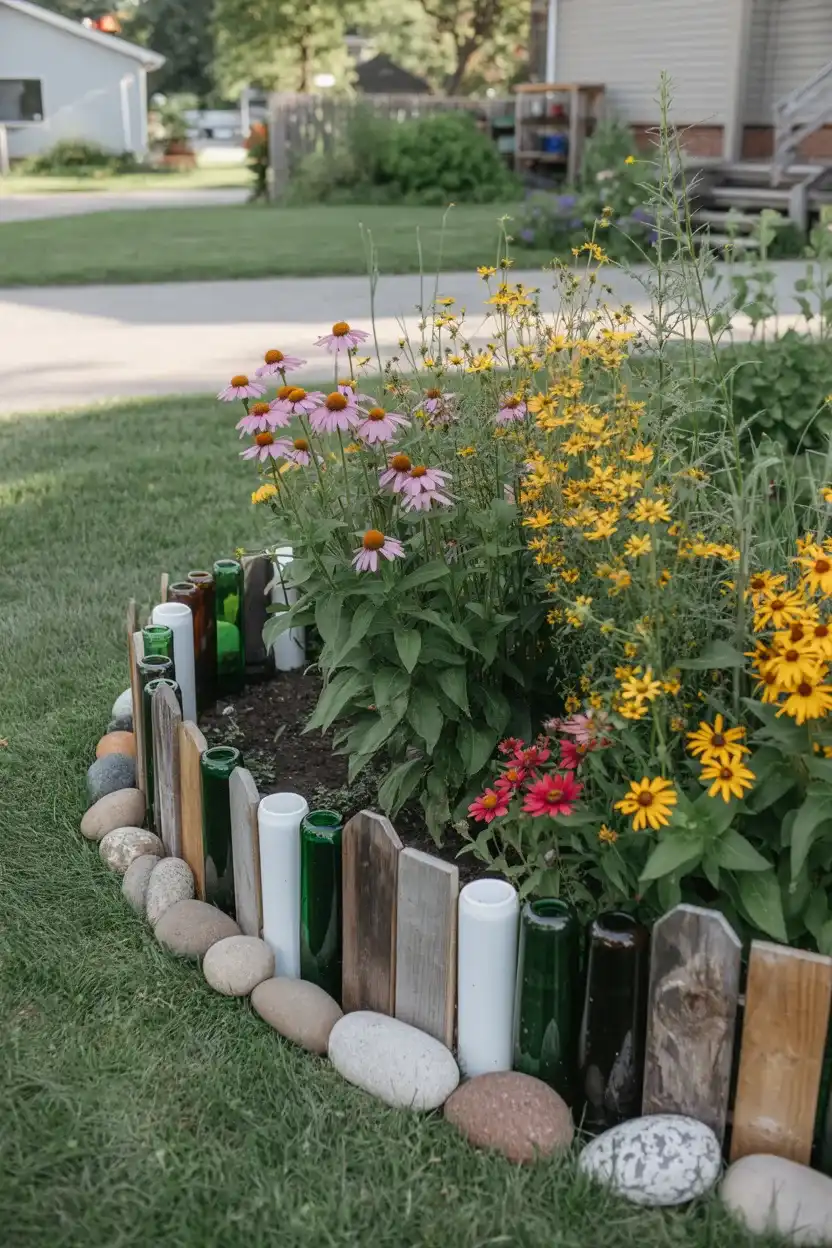 front yard flower bed with cheap recycled border and flowers-uulw@2k