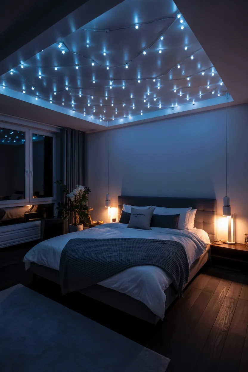 star LED ceiling bedroom Bedroom Ceiling Ideas magical night sky ceiling relaxing cozy modern bedroom lighting