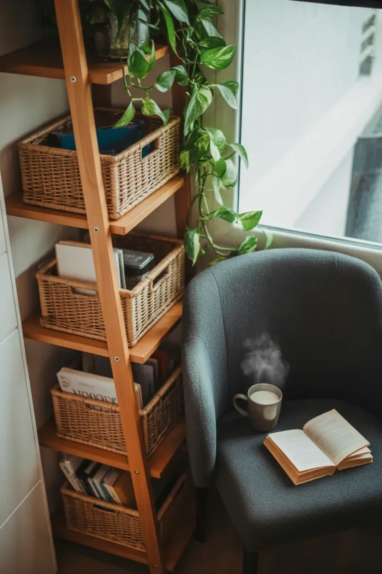 Apartment Organization Ideas using corner shelves and decorative storage in an apartment living space