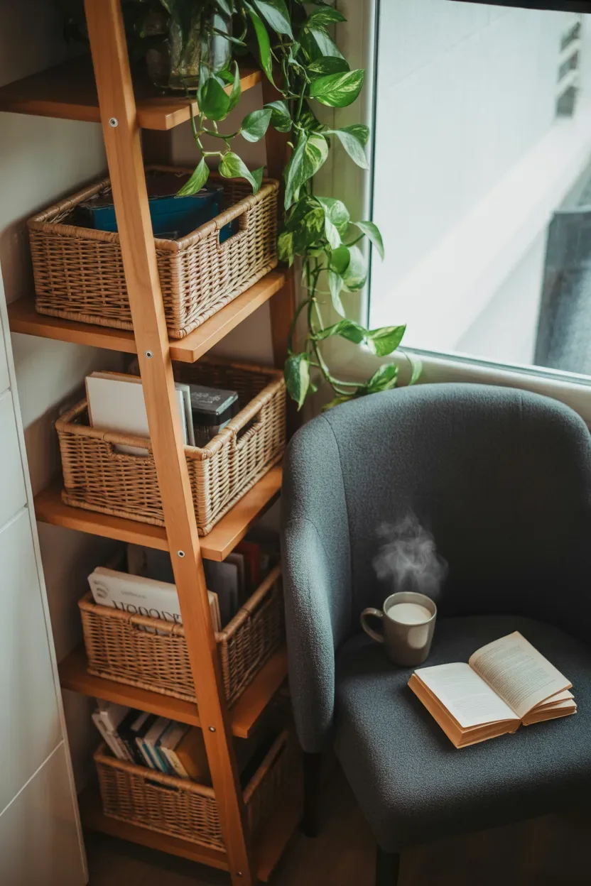 Apartment Organization Ideas using corner shelves and decorative storage in an apartment living space