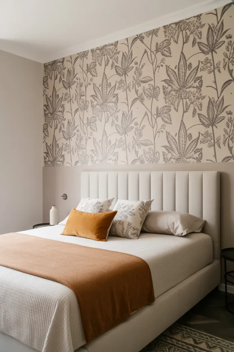 Bedroom feature wall using Half Wallpaper Half Paint Ideas behind the bed for a stylish look