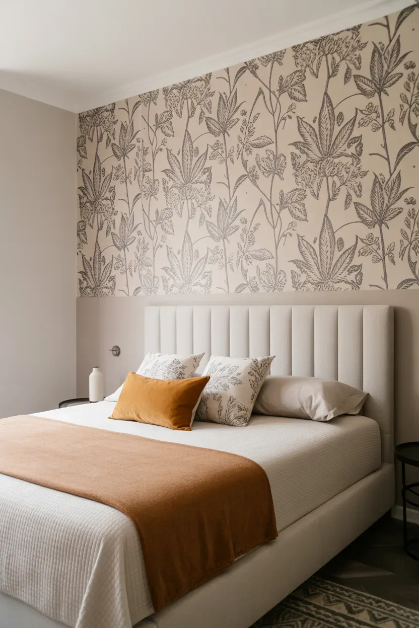 Bedroom feature wall using Half Wallpaper Half Paint Ideas behind the bed for a stylish look