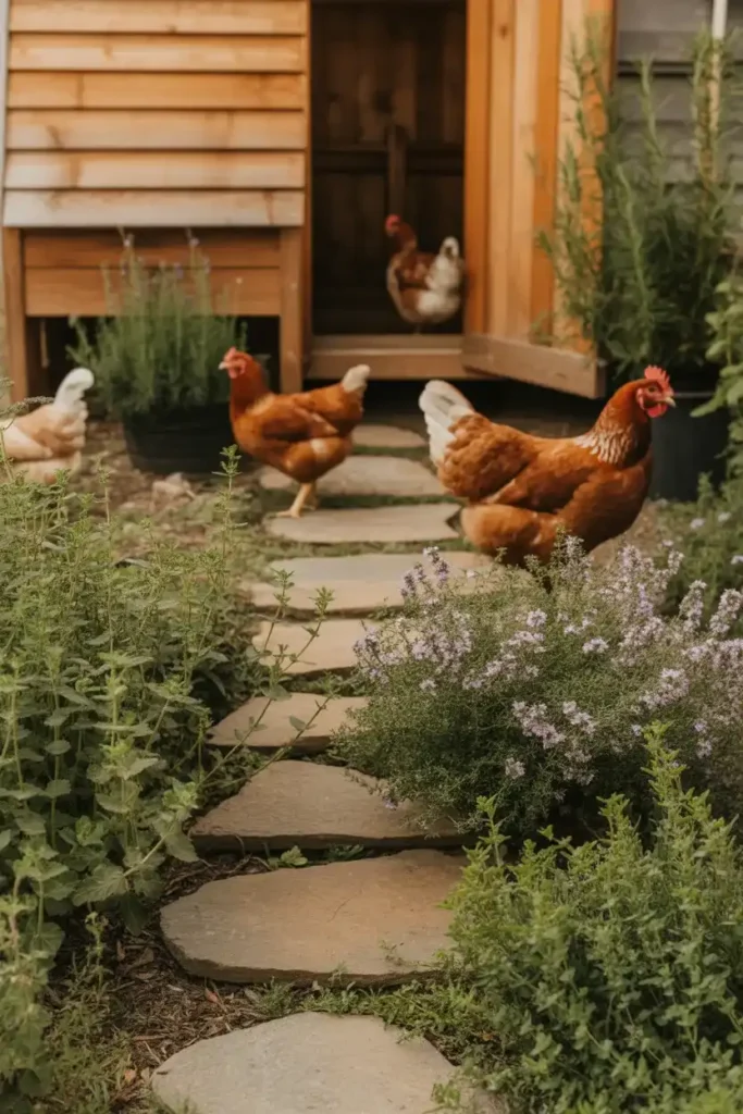 Best PlantBest Plants for Chicken Coop Areas featuring thyme along a coop pathways for Chicken Coop Areas with nasturtiums growing around chicken fencing (1)