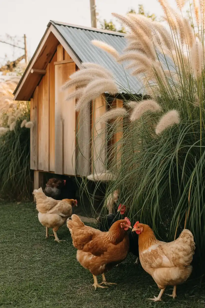 Best Plants for Chicken Coop Areas with ornamental grasses surrounding a rustic coop