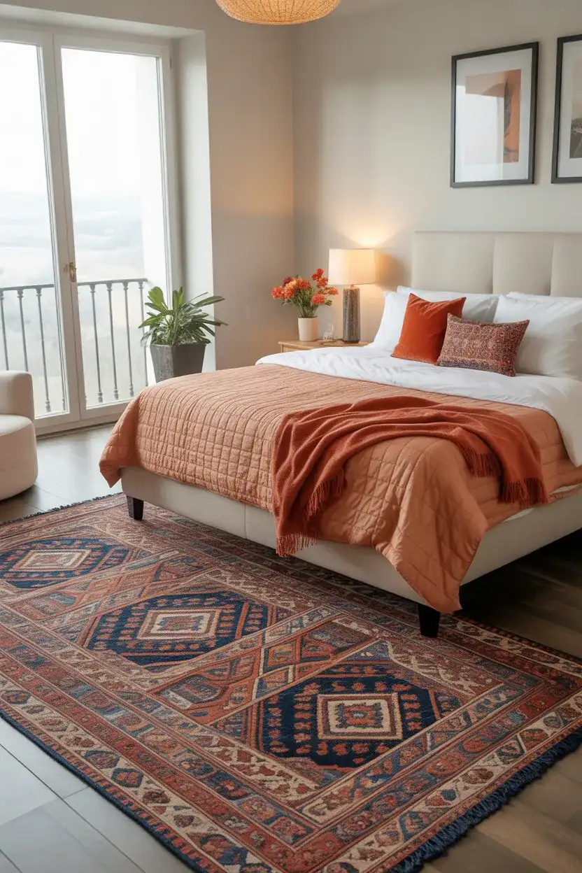 Bold patterned rug Rug Ideas for Bedroom making a strong visual statement