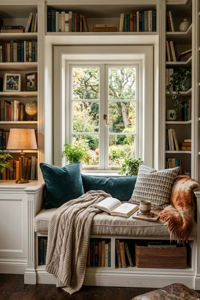 Bookshelf Styling with built in seating and cozy reading nook