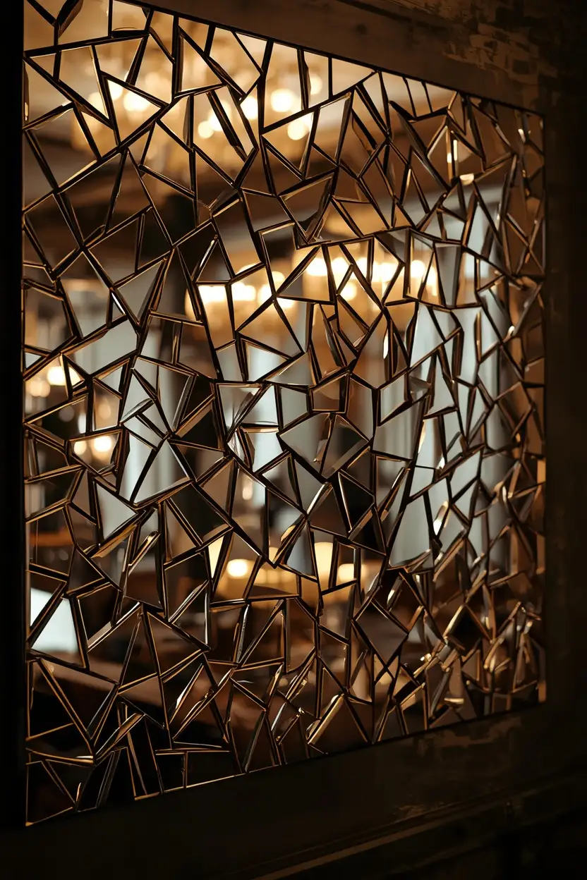Broken mirror mosaic panel DIY 3D wall art ideas that bounce light beautifully in any room