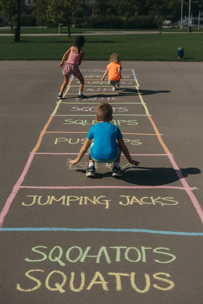 Chalk Obstacle Course For Kids with fun fitness exercises and activity zones