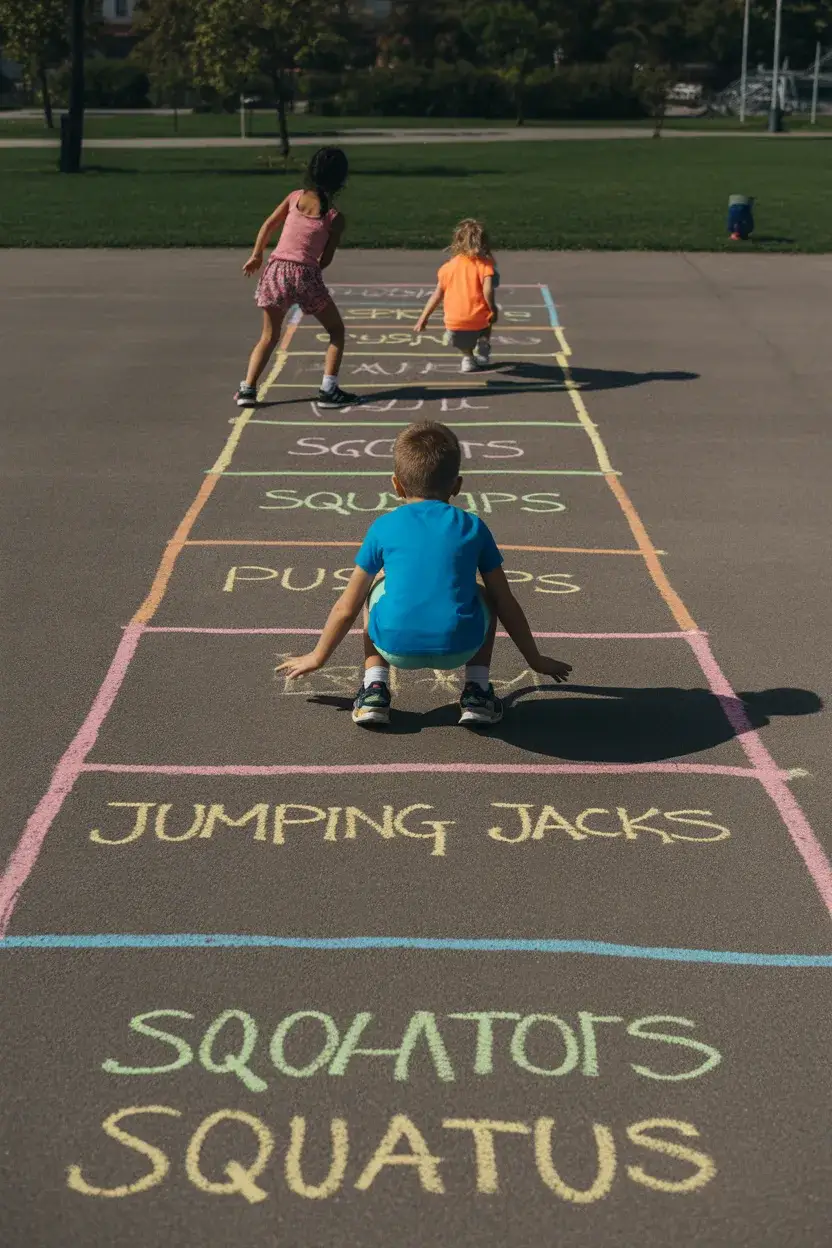 Chalk Obstacle Course For Kids with fun fitness exercises and activity zones