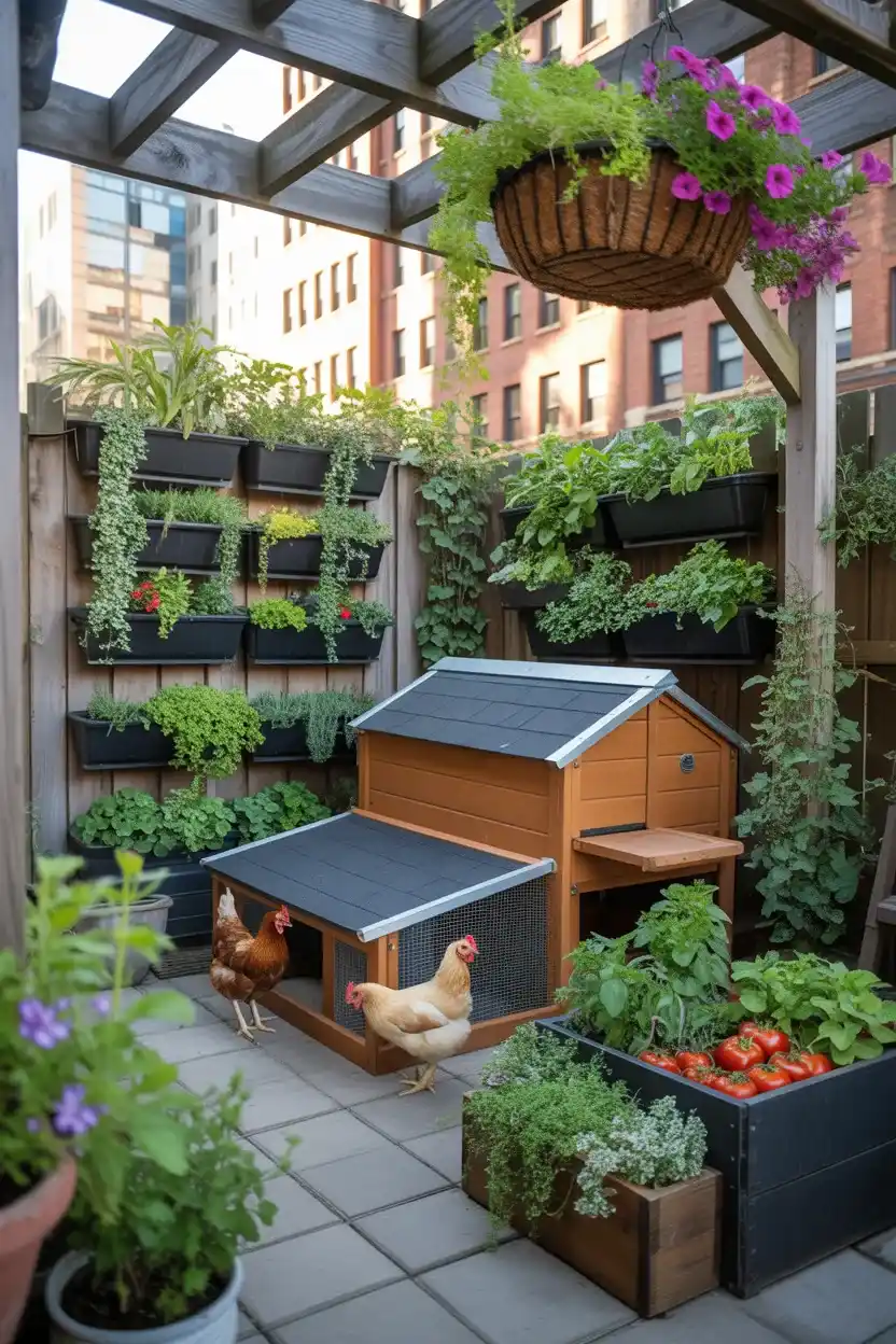 Chicken Coop and Garden Layout Ideas for a small urban backyard with compact gardening
