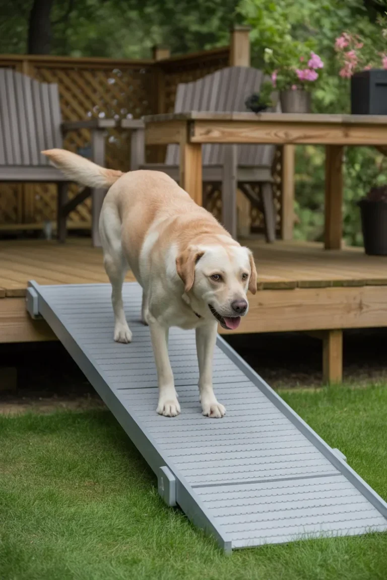 DIY Dog Ramp Plans outdoor deck ramp for senior dogs in backyard