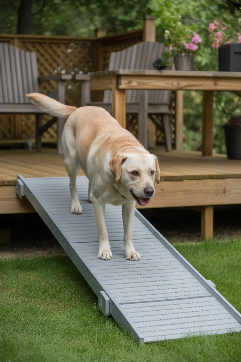 DIY Dog Ramp Plans outdoor deck ramp for senior dogs in backyard