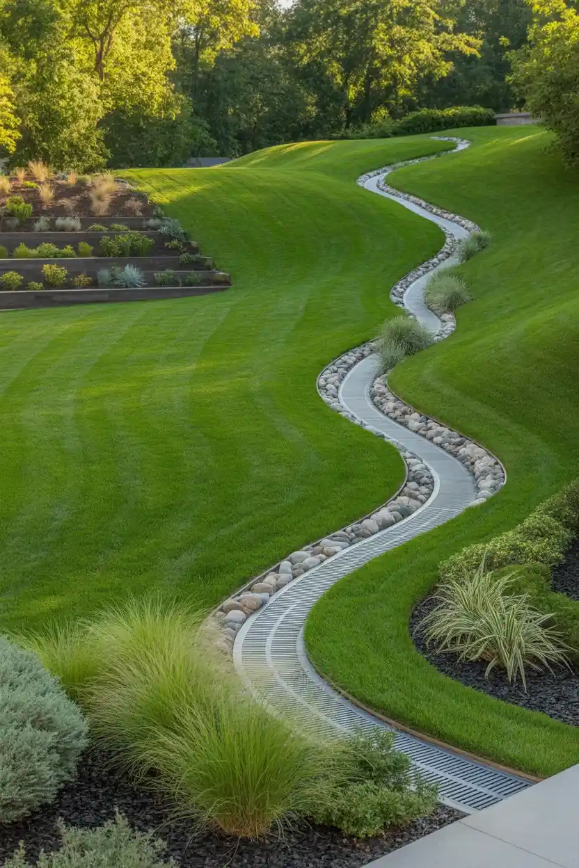 DIY French Drain ideas with backyard swale and underground drainage system